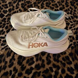 Hoka Bondi 8 Cream/White and Blue Sneakers